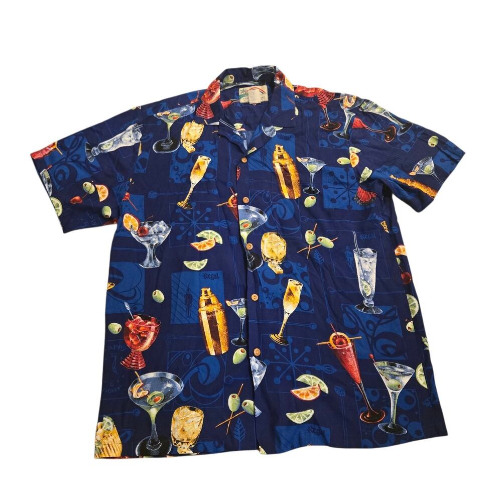 Vintage Paradise Found Mens M Cocktail Adult Beverage Hawaiian Shirt USA BLUE